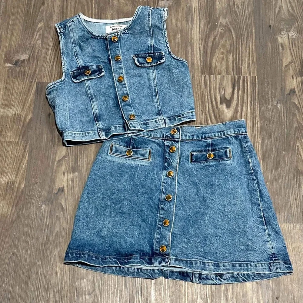 Reformation Blue Denim Button-Front Crop Top & Skirt Set - Picture 2 of 2